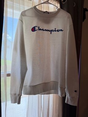 Champion White Crewneck Sweatshirt with Navy & Red Logo